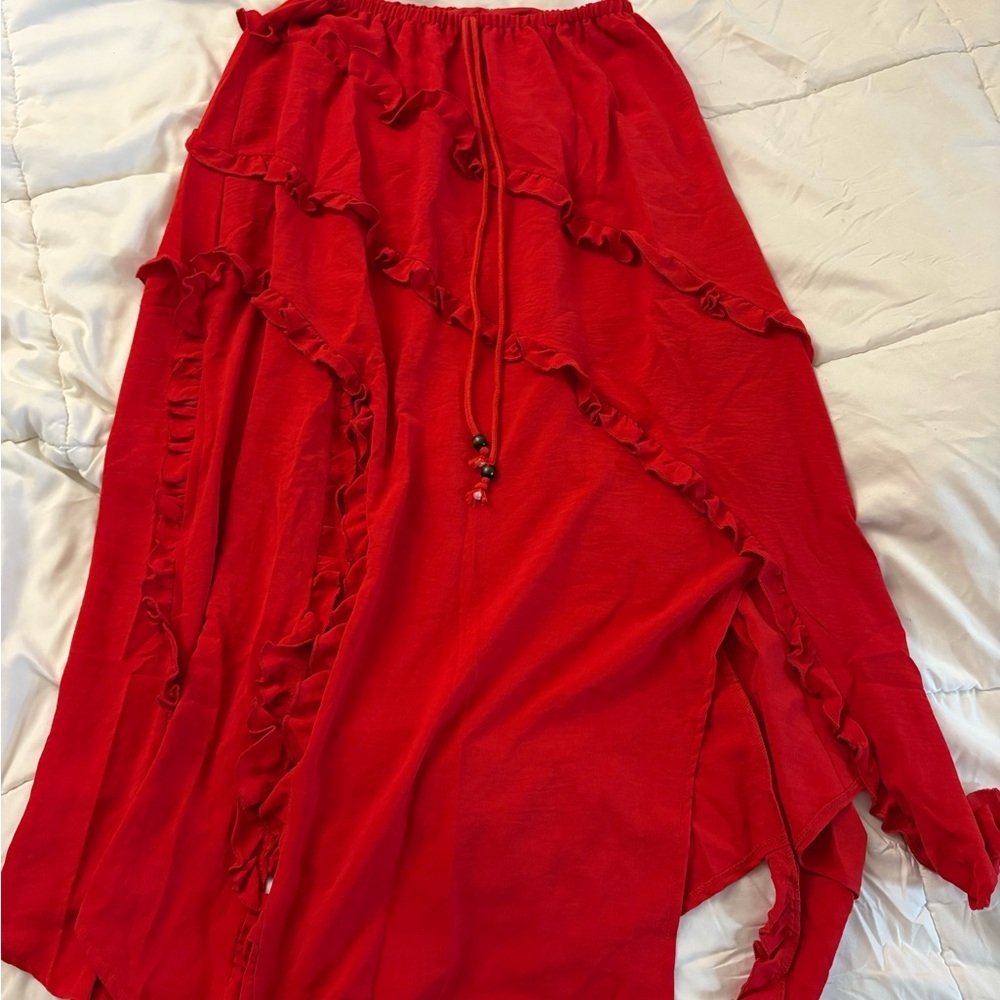 Red Ruffled Maxi Skirt - Picture 2 of 6